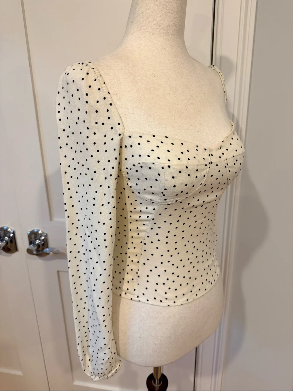 Reformation Reign Cream Polka Dot Sweetheart Long Sleeve Top